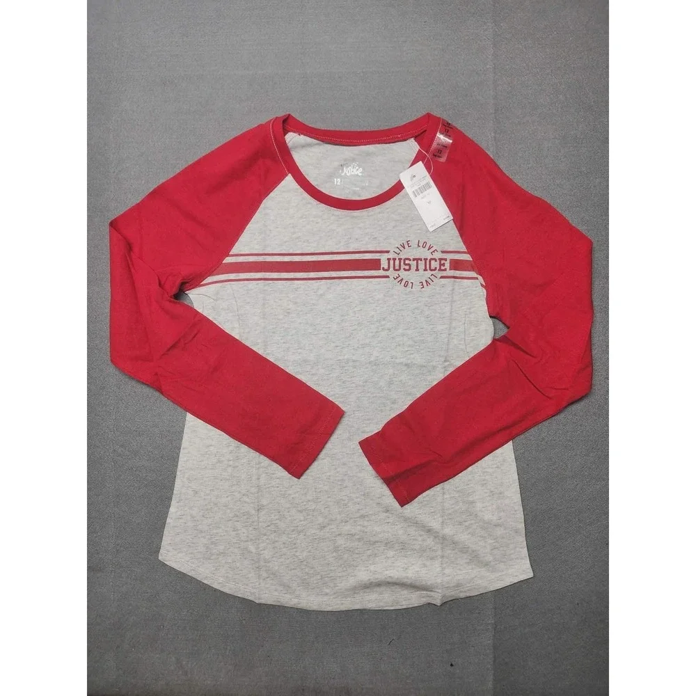 Justice Girls Size 12 Raglan Baseball Tee Long Sleeve Heather Grey Red Graphic